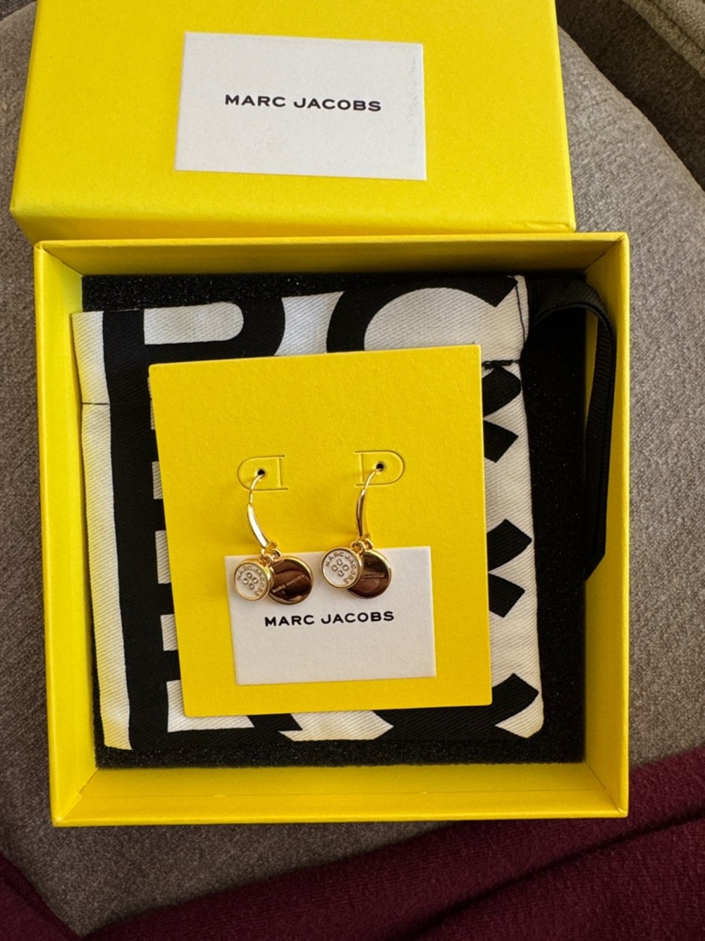 Marc Jacobs Gold Tone Double Disc Hoop Earrings with Black & White Pouch